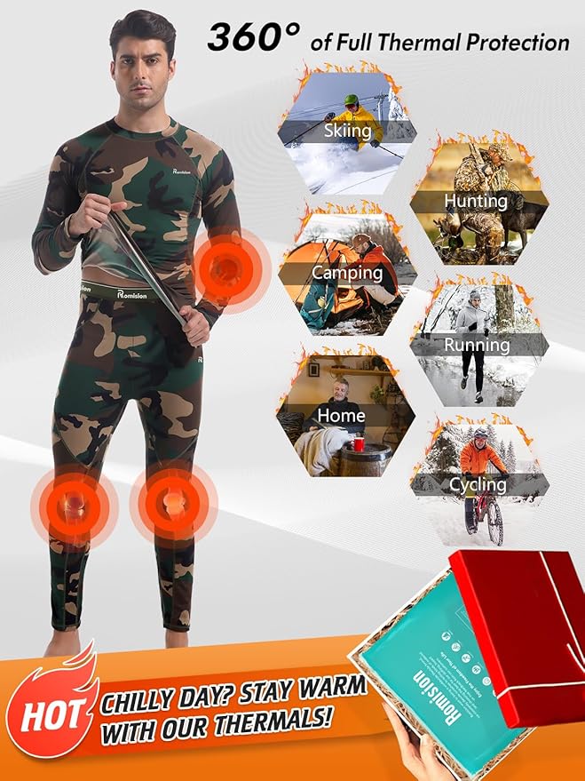 romision Thermal Underwear for Men Long Johns Fleece Lined Hunting Gear Bottom Top Set Base Layer for Cold Weather Gift