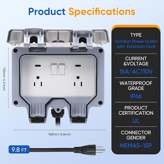 Outdoor Power Outlet,Outdoor Extension Cord Waterproof Double Wall Outlet Extender with On-Off Switch and Indicator Light，Exterior Electric External Power Outlet,Outside Outlet (9.8FT)