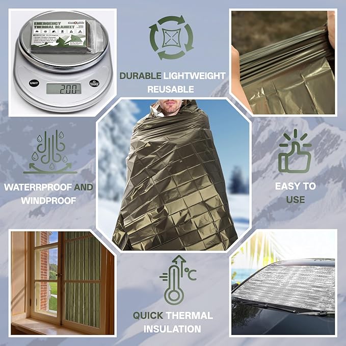 SecuCaptain Survival Emergency Thermal Blankets: Extra Large 84” x63” Space Mylar Blanket Kit for Outdoor Cold Winter Camping Hiking Car Bug Out Bag or First Aid - 4 Pack Amygreen
