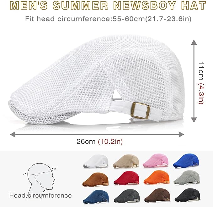 2 Pack Men's Mesh Cap Breathable Summer Newsboy Hat Adjustable Beret Ivy Cap Irish Cabbie Driving Hunting Hats