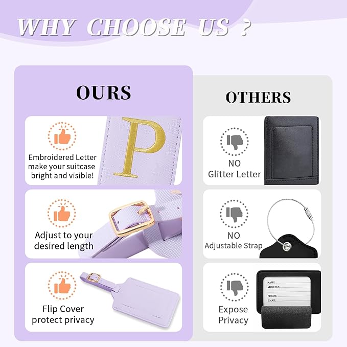 Personalized Initial Luggage Tags for Suitcase, Purple Leather Cute Luggage Tags with Privacy Cover Name Card, Embroidered Custom Monogrammed Luggage Tag Travel Backpack Tags Gifts for Women Kids(P)