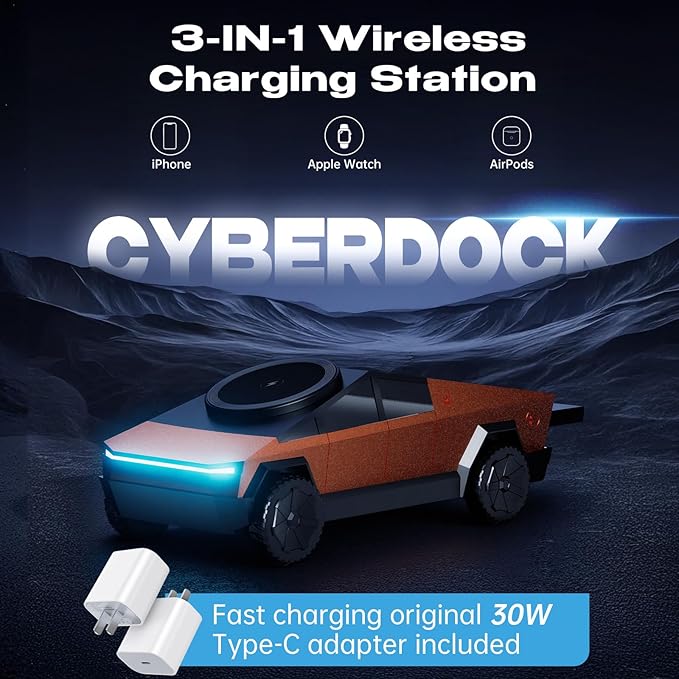 CyberDock 3-in-1 Wireless Charging Station for iPhone with Car Model 1:25 Scale, Qi2 Certified Mag-Safe Charger for iPhone iWatch AirPods, Rotating Charger with Ambient Light, 30W Adapter, Orange