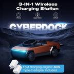 CyberDock 3-in-1 Wireless Charging Station for iPhone with Car Model 1:25 Scale, Qi2 Certified Mag-Safe Charger for iPhone iWatch AirPods, Rotating Charger with Ambient Light, 30W Adapter, Orange
