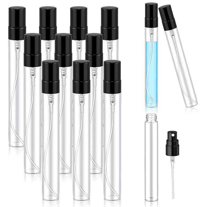 Zhehao 50 Pcs Mini Spray Bottles 10 ml Clear Glass Perfume Bottles Refillable Fine Mist Perfume Atomizer Portable Empty Sample Containers for Cleaning, Essential Oils, Travel (Black Cap)