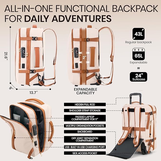 Fanwoli Rolling Vacuum Backpack Travel with One-Button Compression, Expandable Carry-On Suitcase Luggage, Approved TSA Lock & Water-Proof Laptop Compartment for Outdoor/Family/Business Trips
