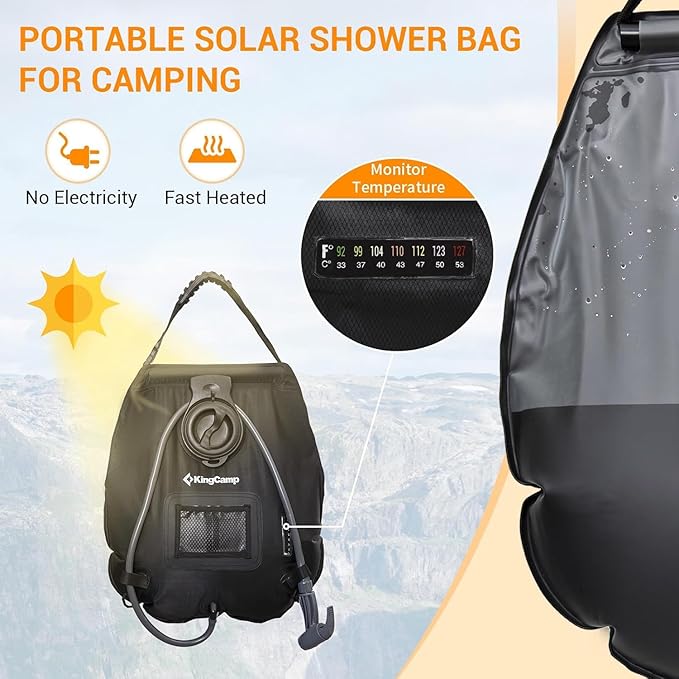 KingCamp Solar Shower Bag, Leak-Proof Design Camping Shower Bag with Thermometer, Removable Hose & Switchable Shower Head, 5 gallon/20L