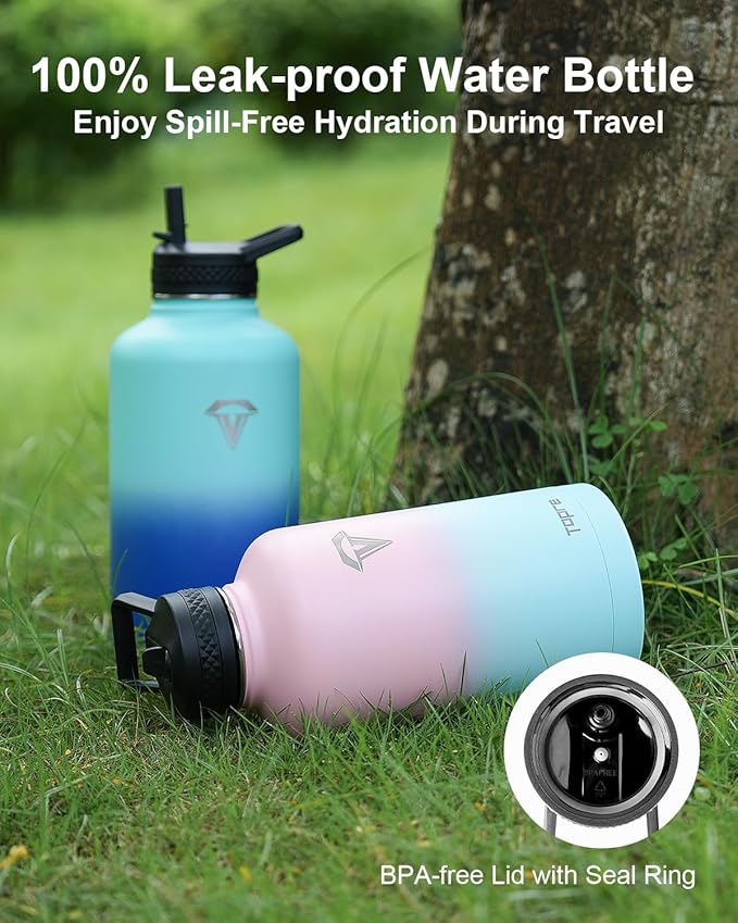 Insulated Water Bottle, 64 oz Stainless Steel Water Bottles with Straw, Leak Proof & BPA Free, Reusable Jug Thermo Flask for Outdoor Sports Gym Camping, Pink/Blue