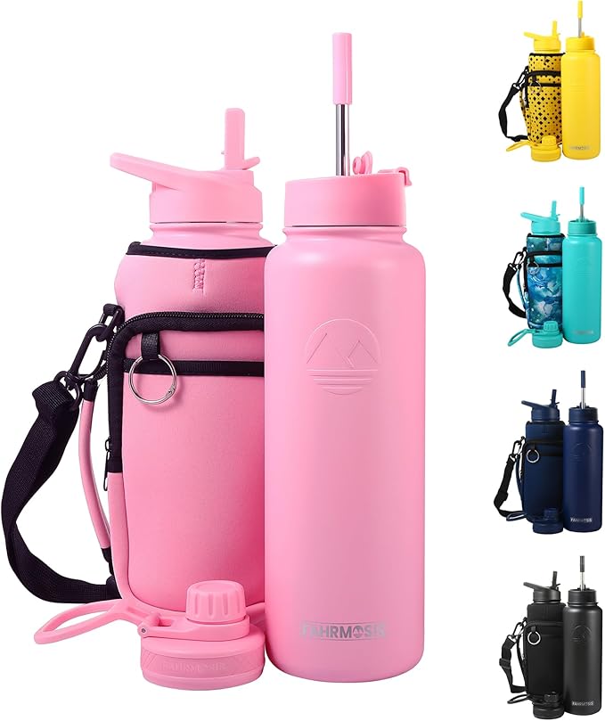 40 Oz Water Bottle with Strap Stainless Steel Sports Water Bottle with 3 Lids (Straw, Chug and Flip Lid) Insulated Leak Proof Metal Jug for Men & Women - Pink (Solid)