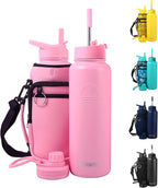 40 Oz Water Bottle with Strap Stainless Steel Sports Water Bottle with 3 Lids (Straw, Chug and Flip Lid) Insulated Leak Proof Metal Jug for Men & Women - Pink (Solid)