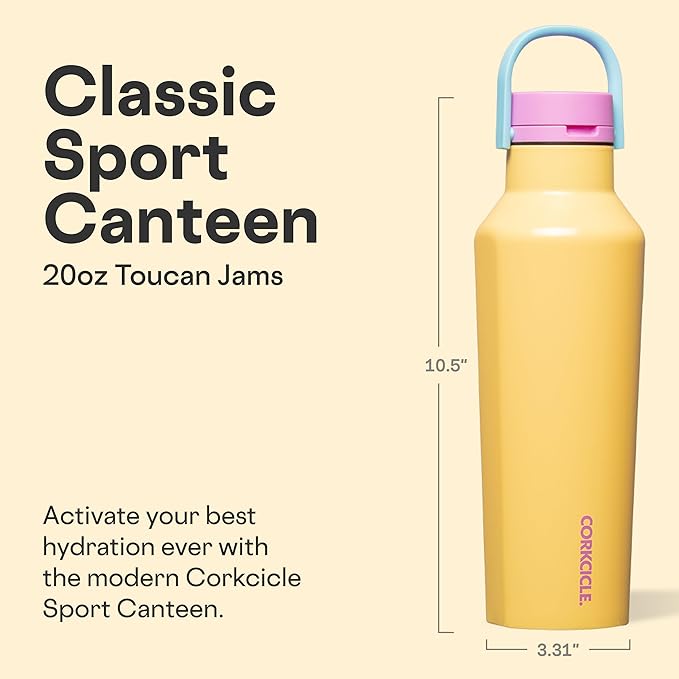 Corkcicle Classic Sport Canteen Insulated Water Bottle - Keeps Beverages Cold 25 Hours - Triple Insulated - Summer Drinkware Gift - Keeps Drinks Ice Cold - Leak-Proof Cap - 20 oz - Toucan Jams