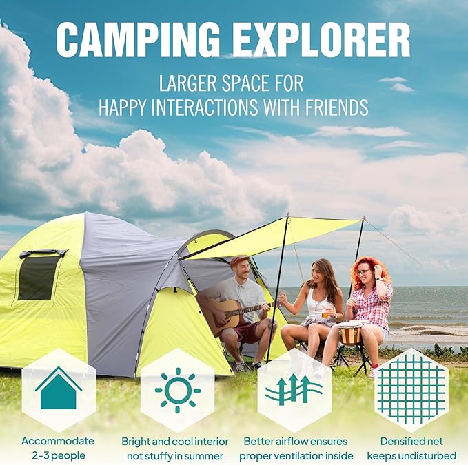 Chihee Camping Tent 3 Person Double Layered Dome Tents Large Capacity 4 Seasons Travelling Backpacking Beach Outdoor Shelter Waterproof Windproof Tent with Rainfly Inner Tent Used Independently