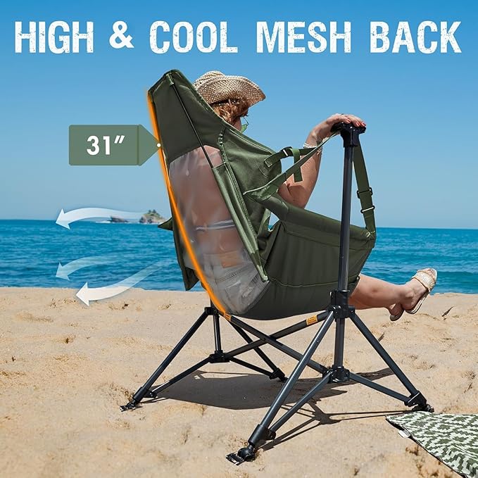 Portal Hammock Camping Chair, Portable Outdoor Swinging Chairs, Rocking Chair for Adults with Adjustable Back and Height for Lawn, Backyard, Patio, Supports 400 lbs, Mesh High Back, Green, 2 Pack
