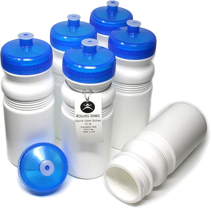Rolling Sands USA Made 20 Ounce Sports Water Bottles - 6-Pack BPA-Free Blank Sports Bottles for Small Teams, Adults & Kids - White Bottle/Blue Lid, No Smell No Taste