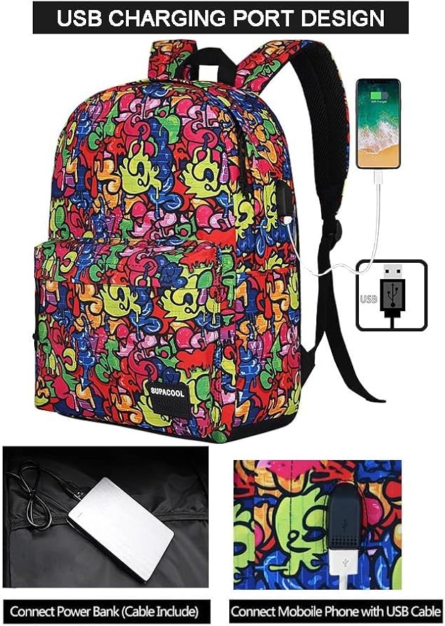 SUPACOOL Casual Laptop Backpack for Men and Women, Backpack for College, USB Charging Port, Lightweight Pack Back(Graffiti)