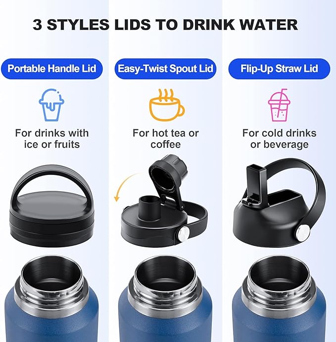 HYDROWION Water Bottle Stainless Steel,Vacuum Insulated Leak Proof Tumbler 32oz with Straw Lid, Spout Lid and Flex Cap(Cold for 48 Hrs, Hot for 24 Hrs), Fit in Any Car Cup Holder, Green - Blue