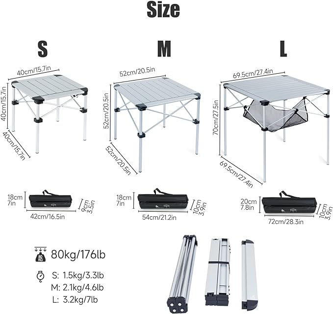 iClimb Lightweight Stable Alu. Folding Square Table Roll Up Top with Carry Bag for Camping Picnic Backyards BBQ Camp Kitchen (Black, L)