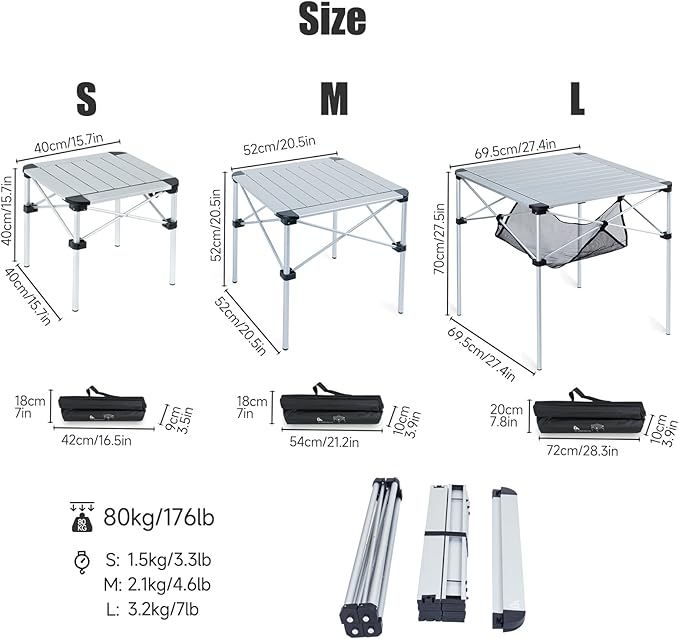 iClimb Lightweight Stable Alu. Folding Square Table Roll Up Top with Carry Bag for Camping Picnic Backyards BBQ Camp Kitchen (Silver, M)