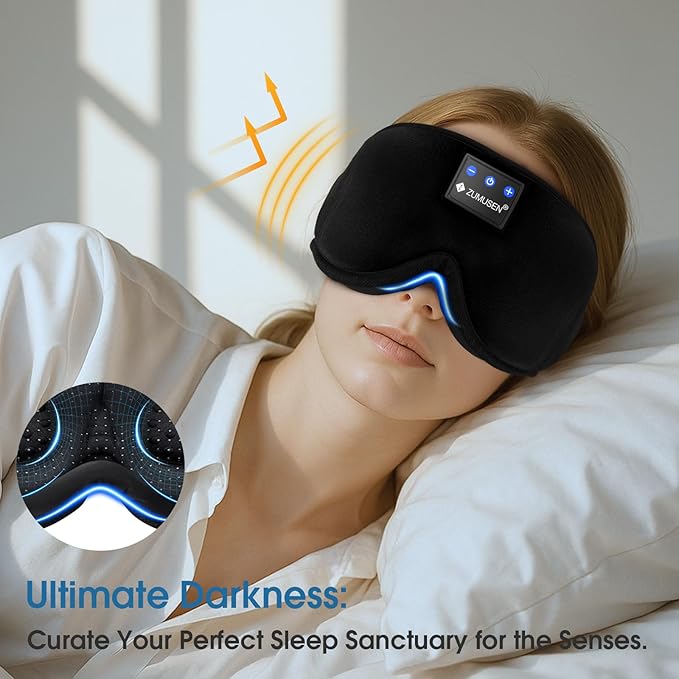 ZUMUSEN Bluetooth Sleep Headphones, 3D Wireless Music Eye Mask with Ultra-Thin Stereo Speakers, Adjustable Sleep Mask for Side Sleepers, Perfect for Travel, Meditation, Relaxation