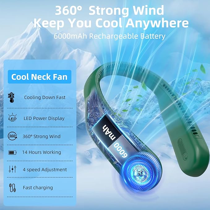 Portable Neck Fan,Hands Free Personal Wearable Bladeless Fan,6000mAh USB Rechargeable,360° Cooling,LED Display,4-Speeds,Birthday Gifts for Men Women Dad Mom,Outdoor Indoor Travel Camping (Dark green)