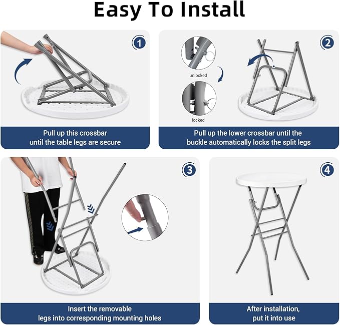 28in Cocktail Table White High Top Folding, Round Portable Bar Height Folding Table with Removable Legs, Indoor Outdoor Banquet for Parties, Commercial, Speech, School