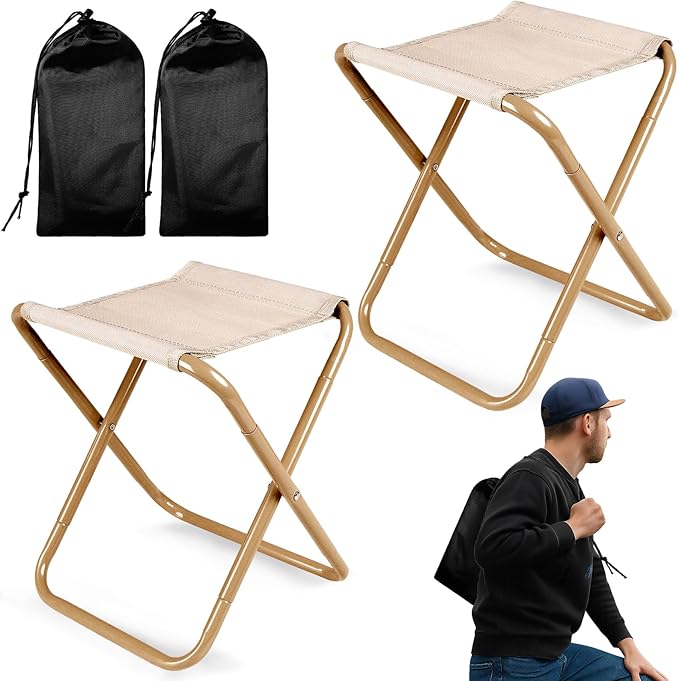 Camping Stool,2-Pack Portable Folding Stool with Carry Bag, 12in Portable Folding Chair Collapsible Camp Stool Outdoor Footstool for Travel Walking Hiking Fishing Picnic (Khaki(2-Pack))