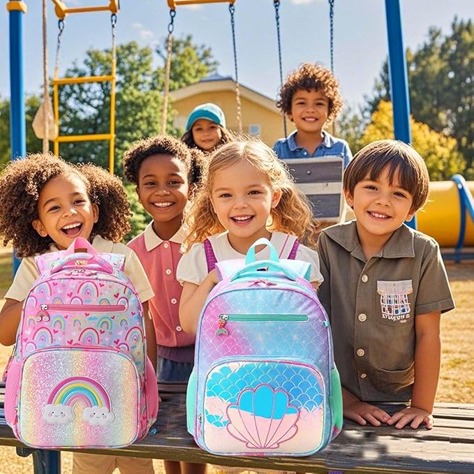 RHCPFOVR Kids Backpack for Girls - Girls Backpack 3-8 Ages Rainbow for Kids 15 Inch School Bookbag for Kindergarten Elementary School Bookbag for Girl 1st 2nd Grade