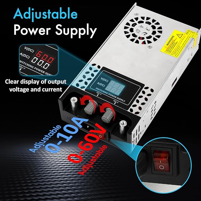 Adjustable 0-60V Power Supply 10A 600W, 110V AC to DC 0-60V Buck Converter 0-10A 600W Power Supply with LCD Display Adjustable Voltage Current 110V/220V AC to 60V DC Converter