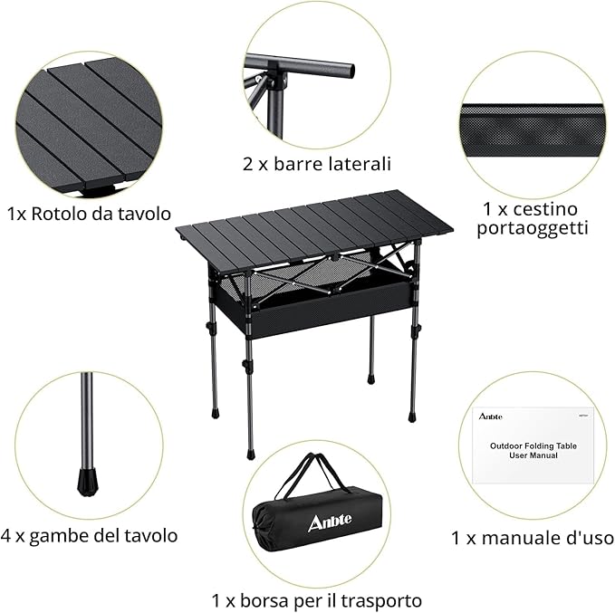 3ft Roll Top Camping Table, 2 Adjustable Heights Aluminum Folding Camping Table with Storage Net and Bag, Waterproof, Lightweight Outdoor Table 32.2” x 16”, for Travel BBQ Party Picnic, Black