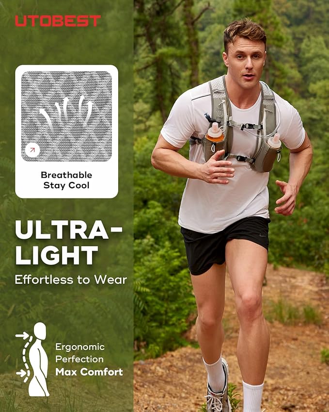 UTOBEST Running Vest, 5L Hydration Vest Lightweight, Breathable and Sweatproof Running Backpack, Adjustable Running Hydration Vest for Trail Running Marathon Race Jogging Cycling