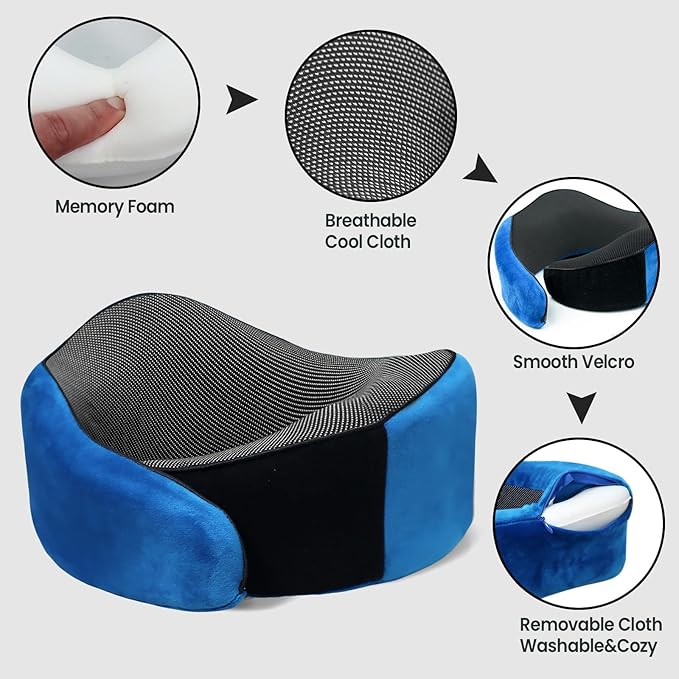 Travel Pillow, 100% Pure Memory Foam Travel Neck Pillow Airplane Neck Support Ergonomic Design for Traveling Suitable for Airplanes,Offices and Cars-Blue