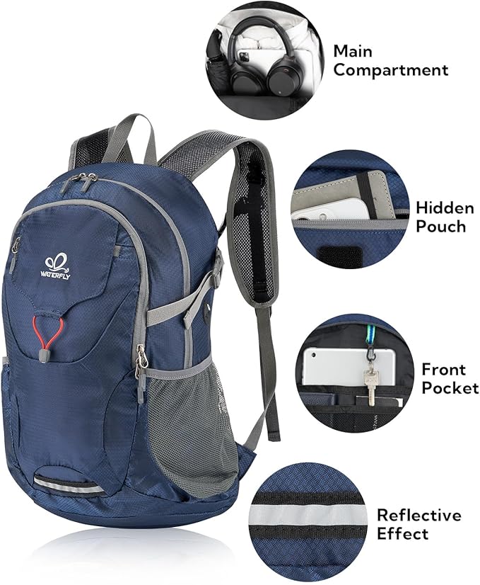 WATERFLY Lightweight Packable Hiking Backpack: 30L Foldable Travel Daypack Ultralight Camping Day Pack for Woman Man Dark Blue