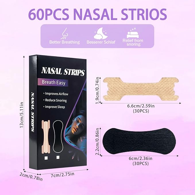 Nasal Strips for Snoring, 60 Count Extra Strength Nose Strips for Breathing, Anti Snoring Devices for Sports and Sleep, Help Stop Snoring, Relieve Nasal Congestion, Drug-Free,Deeper Sleep