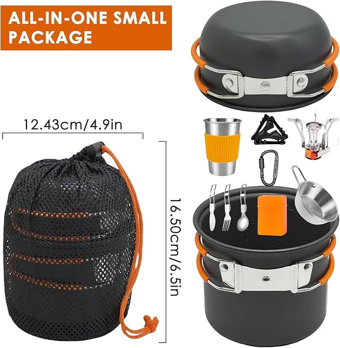 10Pcs Camping Cookware Mess Kit - 1.2L & 0.6L Camping Pots with Stove, Forks Knives Spoons, Sierra Cup, Canister Stand and 16Oz Stainless Steel Cup for Backpacking, Hiking, Outdoor Cooking