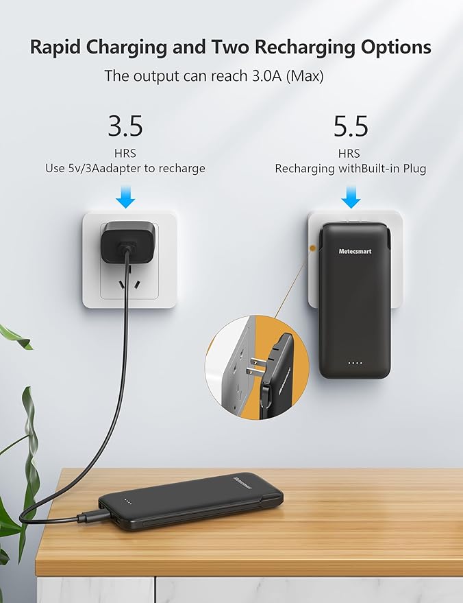 Portable Charger Power Bank with Built in Cable and AC Wall Plug, 10000mAh Fast USB C Phone Charger, Slim Thin Mini Power Bank Charging Battery Pack