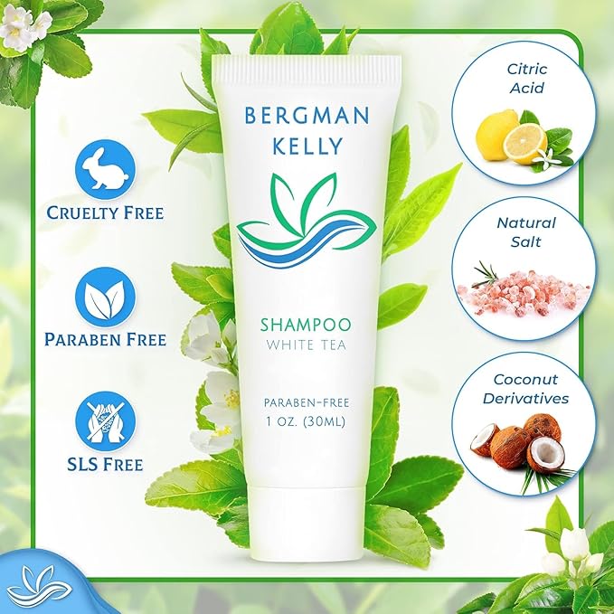 Bergman Kelly - Hotel Toiletries Bundle - White Tea, 1 oz each, 125 Pieces - 5-Piece Set: 25 each Round Bar Soap, Shampoo, Conditioner, Body Lotion & Body Wash - Bulk Mini Guest Amenities