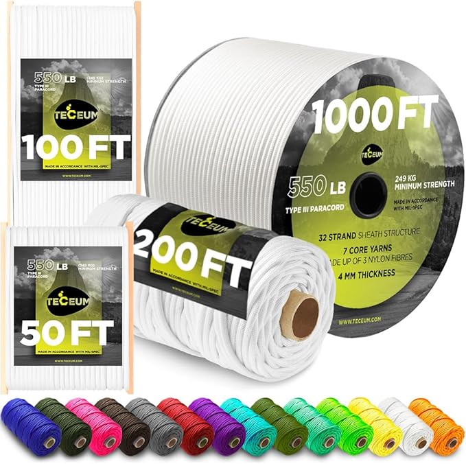 TECEUM 5/32" Paracord Rope 1000 – 1000ft / 200ft / 100ft / 50ft – Tactical Parachute Cord 4mm – 45+ Colors – Nylon String for Survival & Camping Gear – Stripe Cord for Survival – Utility Rope
