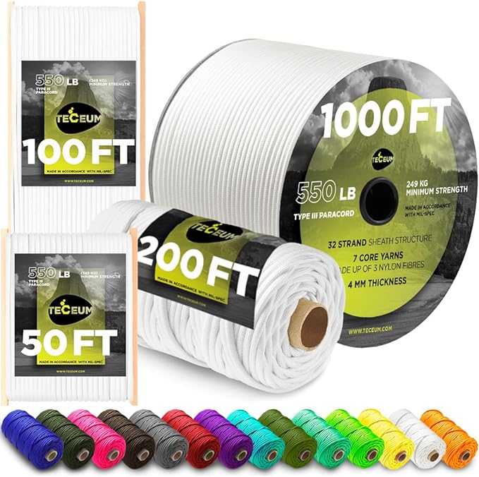 TECEUM 5/32" Paracord Rope 1000 – 1000ft / 200ft / 100ft / 50ft – Tactical Parachute Cord 4mm – 45+ Colors – Nylon String for Survival & Camping Gear – Stripe Cord for Survival – Utility Rope