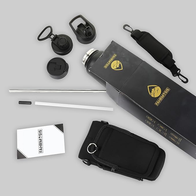 40 Oz Water Bottle with Strap Stainless Steel Sports Water Bottle with 3 Lids (Straw, Chug and Flip Lid) Insulated Leak Proof Metal Jug for Men & Women - Black