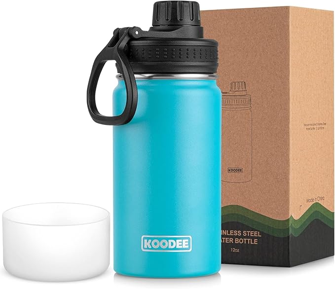 koodee 12 oz Water Bottle Stainless Steel Vacuum Insulated Wide Mouth Water Flask with Leakproof Spout Lid (Sky Blue)