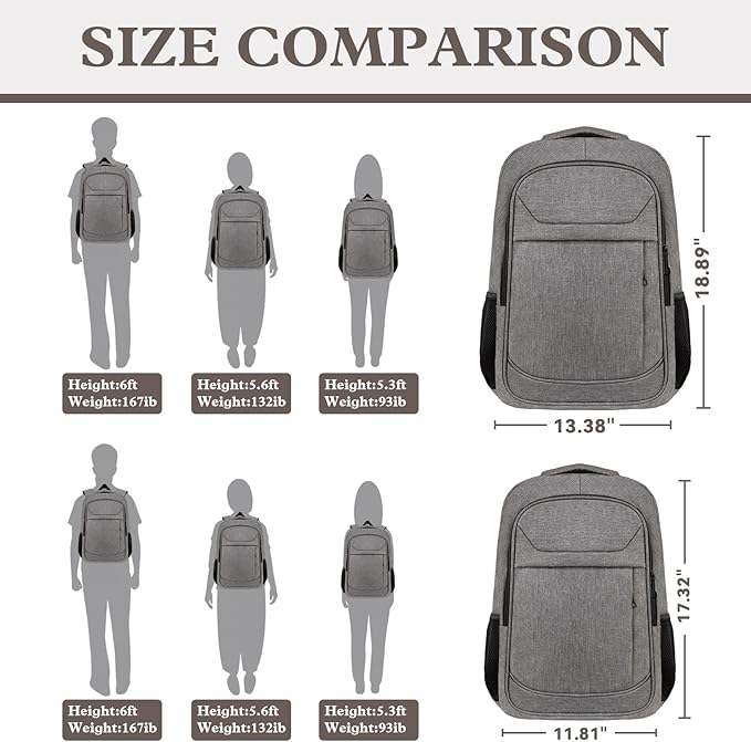 Travel Backpack, Laptop Backpack For Men Women, 17 Inch Water Resistant Slim Casual Daypack College School Travel Computer Nurse Work Bag Gift for Men & Women, Grey