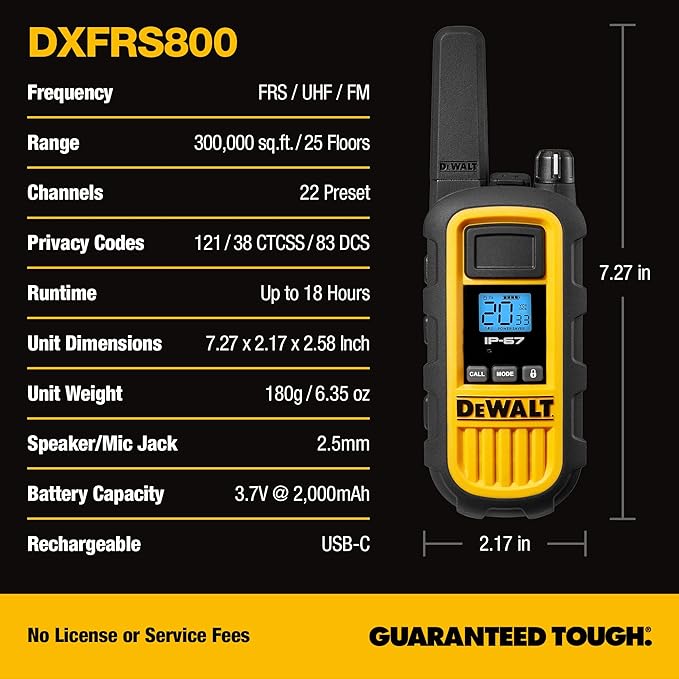 DEWALT DXFRS800 FRS Walkie Talkies Long Range 2 Way Radio, 2 Watt, Waterproof & Rechargeable, 2 Pack
