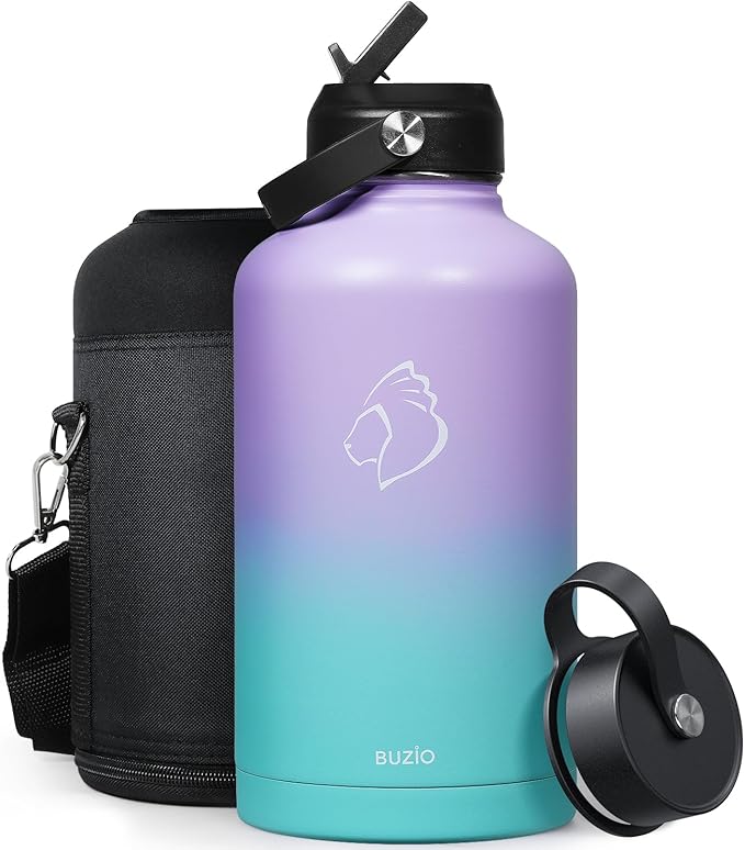 BUZIO 64oz Insulated Water Bottle Stainless Steel Double Wall Leak Proof Half Gallon with Straw Lid and Flex Cap (Cold for 48 Hrs) Sports Flask Metal Travel Mug for Hiking, Camping, Purple Green