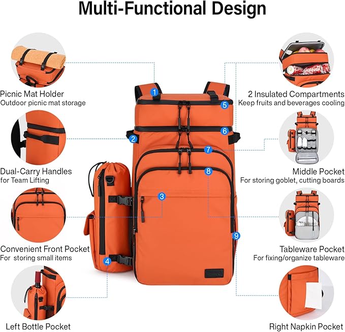Backpack Cooler, 40 Cans Soft Leak Proof Picnic Backpack, Hanke Portable 2 Insulated Compartments Cooler Backpack Water Resistant for Lunch Beach Travel Camping Picnic Hiking (Orange)