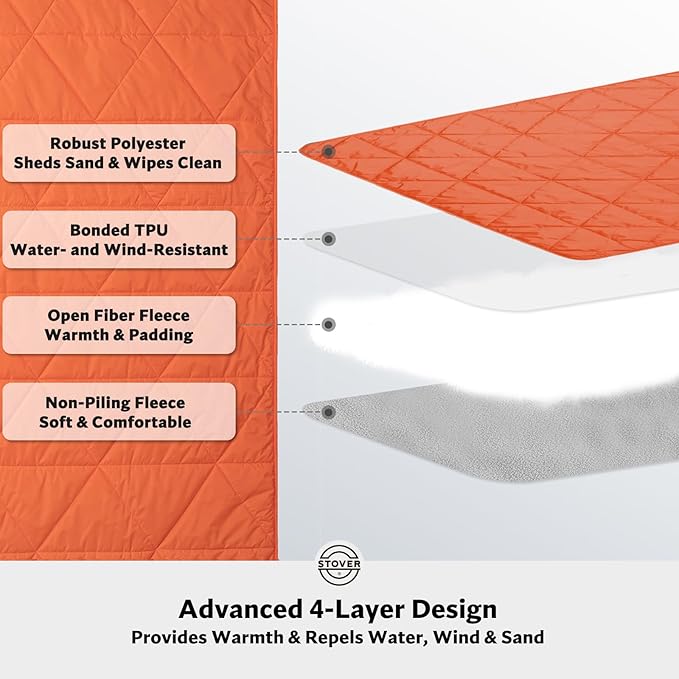 STOVER Waterproof Stadium Blanket – Portable Outdoor Camping Blanket for Travel, Picnics, or Sports – Warm, Windproof, Lightweight, and Packable (Game Day Orange)