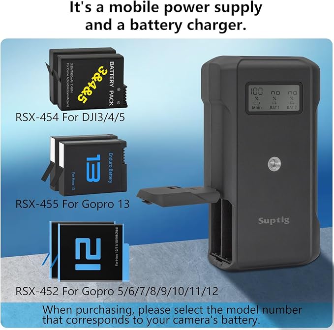 Suptig Power Bank with Battery Charger, 10,000mAh Battery Pack Charger Box Compatible for Gopro Hero 12, Hero 11, Hero 10, Hero 9, Hero 8, Hero 7, Hero 6, Hero 5.