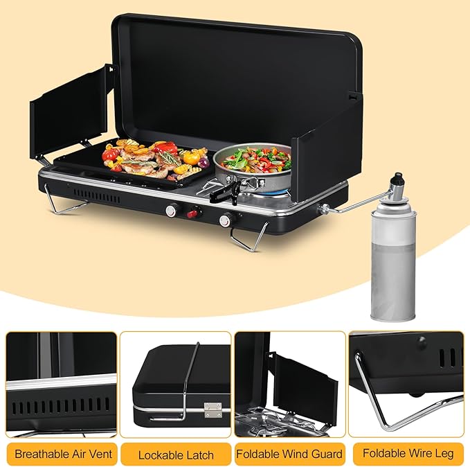 Bonnlo 2-in-1 Camping Stove with Propane Griddle, 15000 BTU Portable Gas Stove with Auto-Ignition, Foldable Windshield & Carry Handle, Camp Stove for Outdoor Cooking, BBQ, Frying, Camping, Tailgating