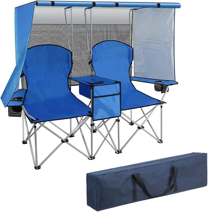 BDL Double Camping Chair with Canopy, Two Person Folding Loveseat with Shade, Heavy Duty Beach Chair with Cooler Bag, Cup Holder for Outside, Fishing, Sports, Beach-Sky Blue