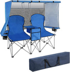 BDL Double Camping Chair with Canopy, Two Person Folding Loveseat with Shade, Heavy Duty Beach Chair with Cooler Bag, Cup Holder for Outside, Fishing, Sports, Beach-Sky Blue