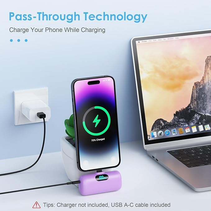 Mini Portable Charger USB C Power Bank,Upgraded 5000mAh PD Fast Charging Battery Pack Built-in USB-C Connector,LCD Display,Compatible with iPhone16,16 Plus,16Pro/Max/15,iPad Pro/Air (Deep Purple)
