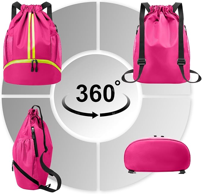 Hoedia Sports Drawstring Backpack - String Swim Gym Bag with Shoes Compartment and Wet Proof Pocket for Women and Men